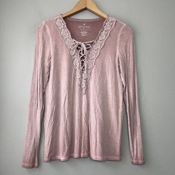 American Eagle Soft & Sexy T Size Small Pink Lace Up Knit Top Romantic Coquette - Picture 1 of 7